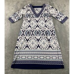 Studio One New York Blue White Medallion V-Neck Shift Dress XL Elbow Sleeve